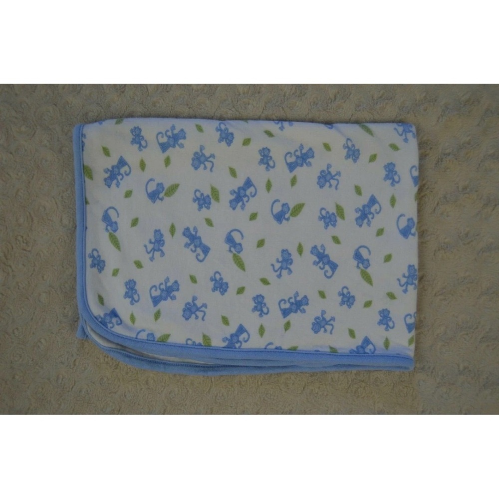 First Impressions Blue Monkeys Baby Blanket White Green Leaves Leaf Thin